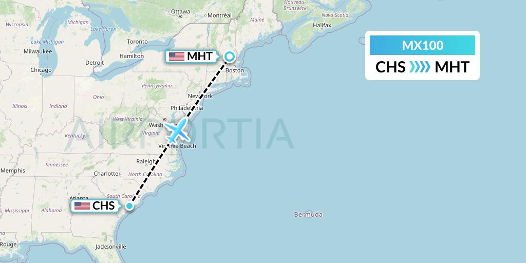 MX100 Breeze Airways Flight Map: Charleston to Manchester