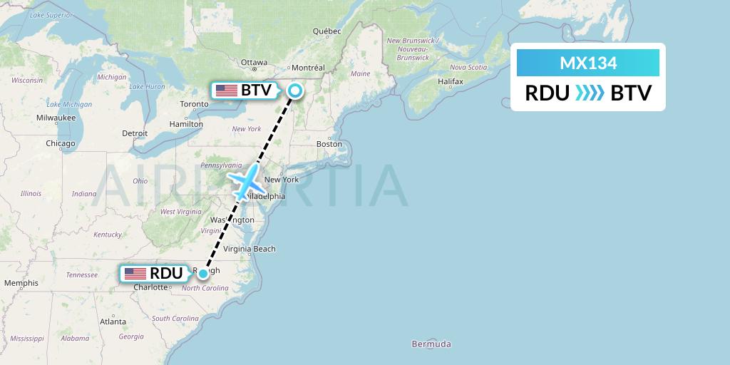 MX134 Breeze Airways Flight Map: Raleigh-Durham to Burlington