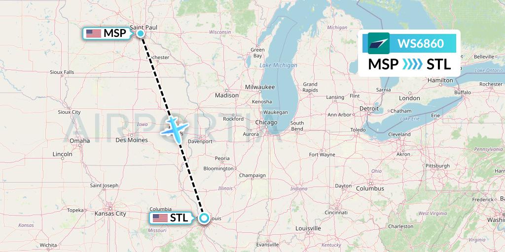 WS6860 WestJet Flight Map: Minneapolis to St. Louis