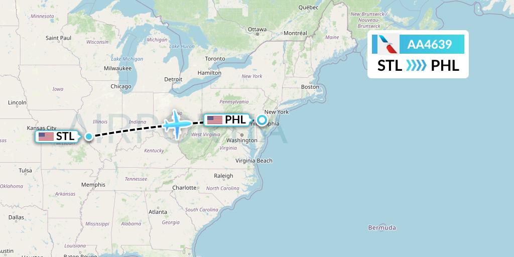 AA4639 American Airlines Flight Map: St. Louis to Philadelphia
