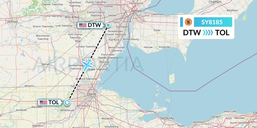SY8185 Sun Country Airlines Flight Map: Detroit to Toledo