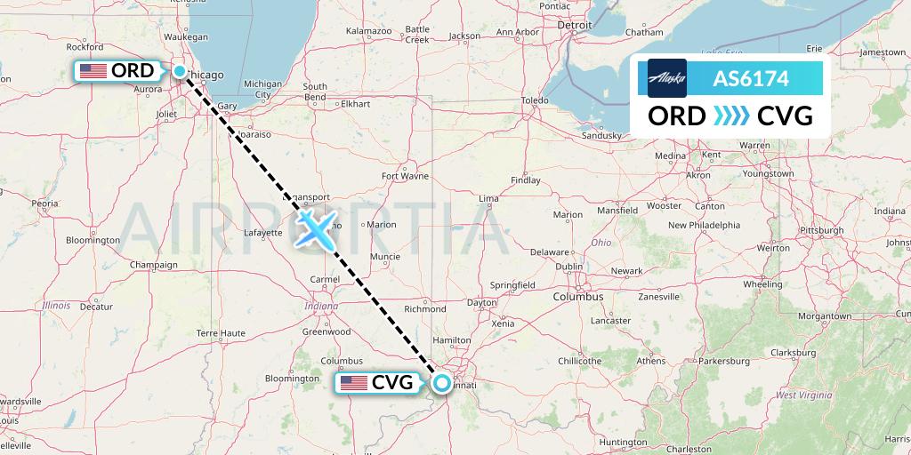 AS6174 Alaska Airlines Flight Map: Chicago to Cincinnati