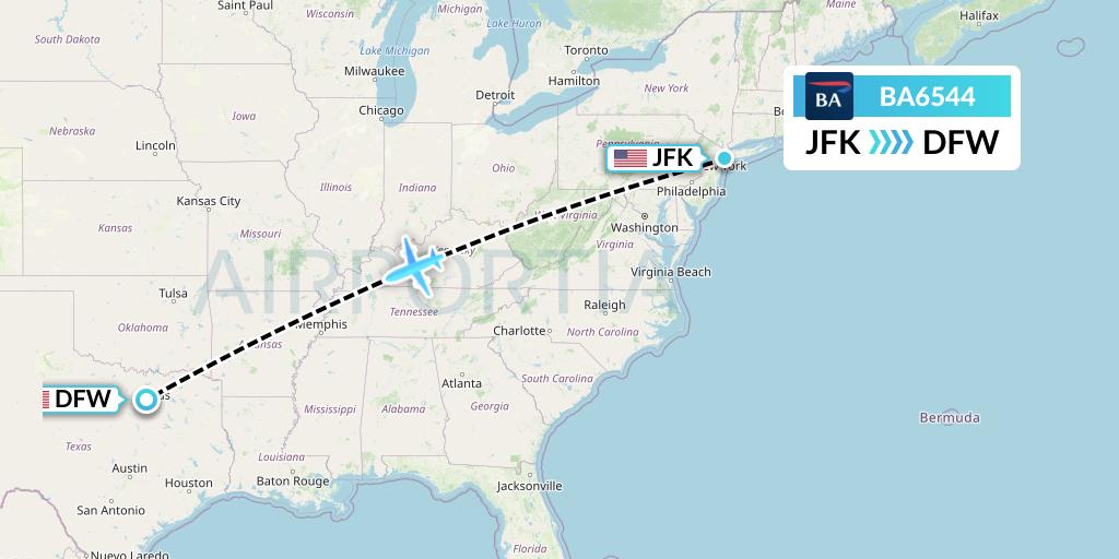 BA6544 British Airways Flight Map: New York to Dallas