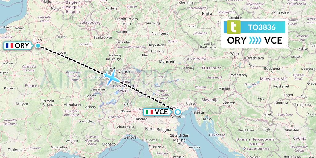 TO3836 Transavia France Flight Map: Paris to Venice