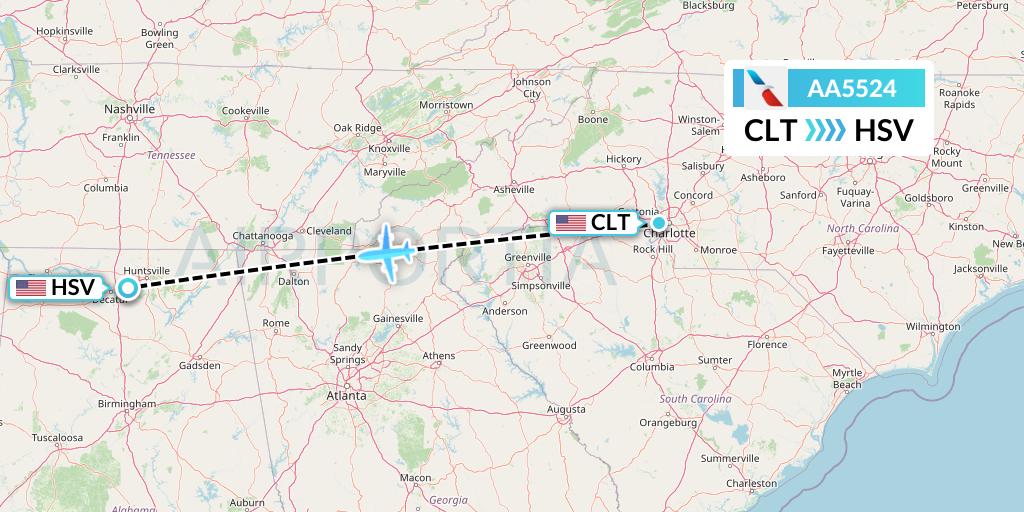 AA5524 American Airlines Flight Map: Charlotte to Huntsville