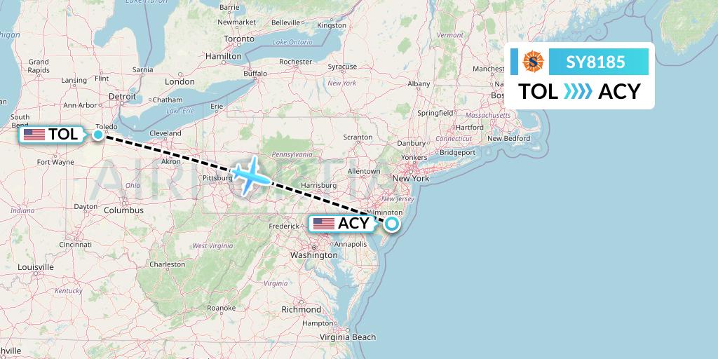 SY8185 Sun Country Airlines Flight Map: Toledo to Atlantic City