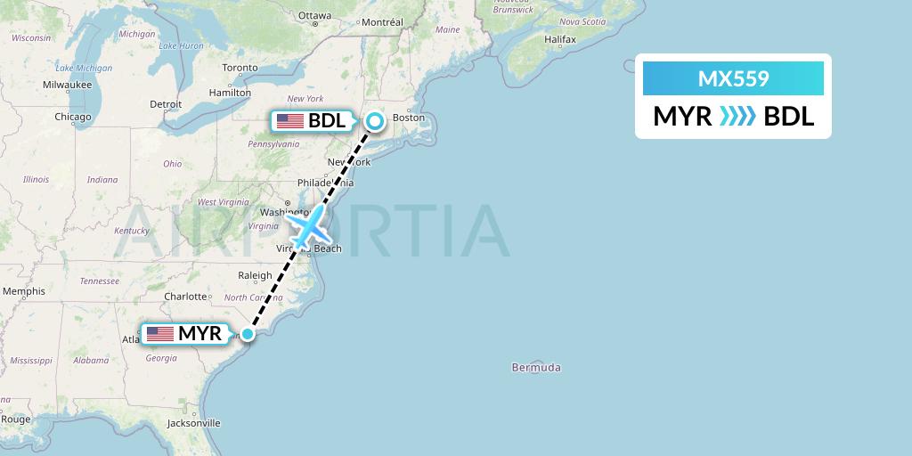 MX559 Breeze Airways Flight Map: Myrtle Beach to Windsor Locks
