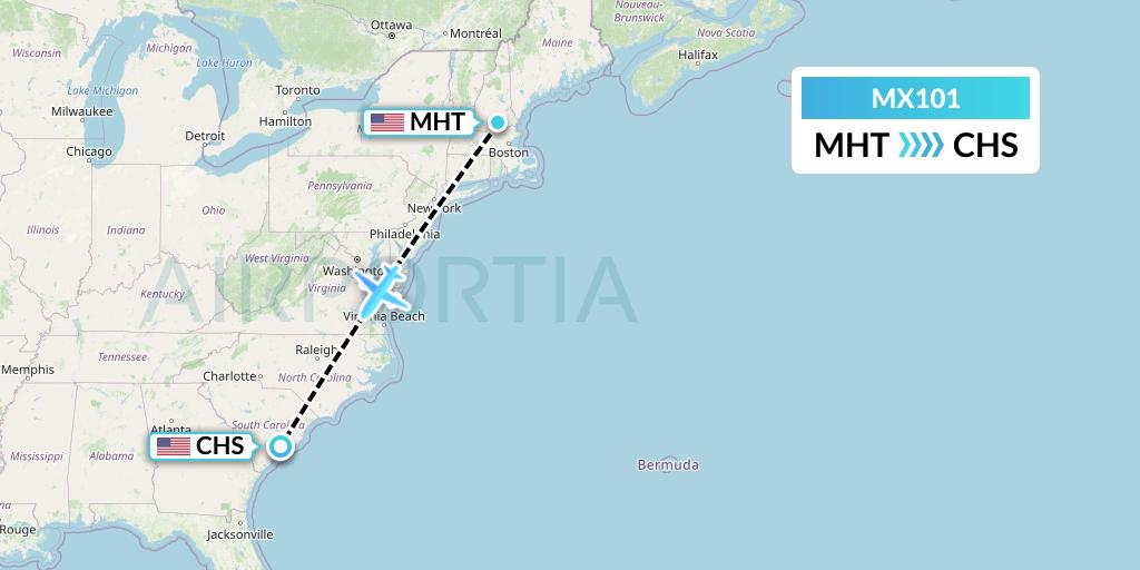 MX101 Breeze Airways Flight Map: Manchester to Charleston