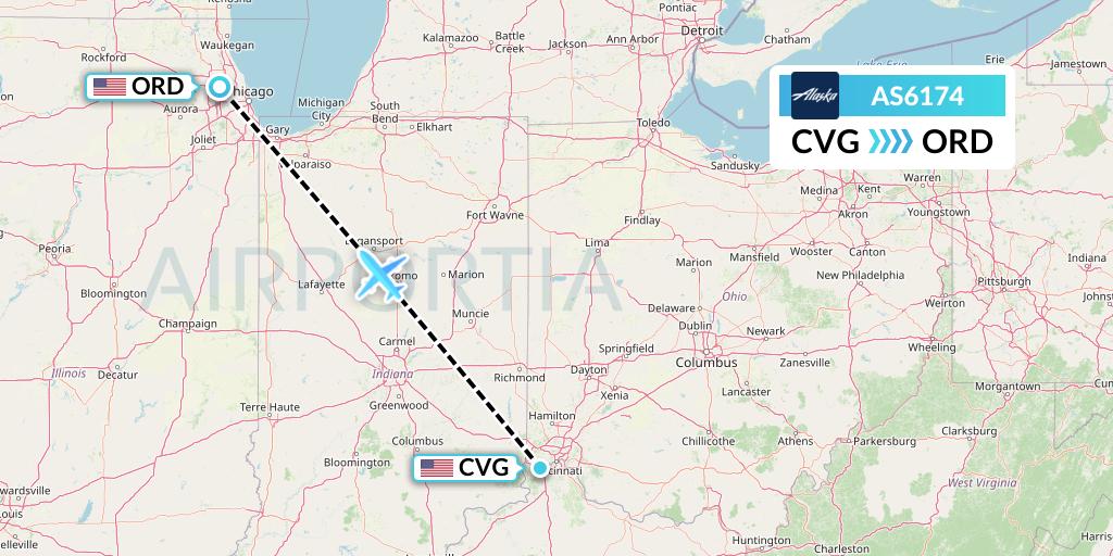 AS6174 Alaska Airlines Flight Map: Cincinnati to Chicago