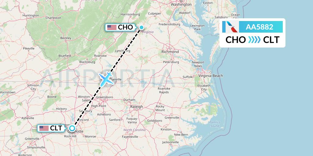 AA5882 American Airlines Flight Map: Charlottesville to Charlotte