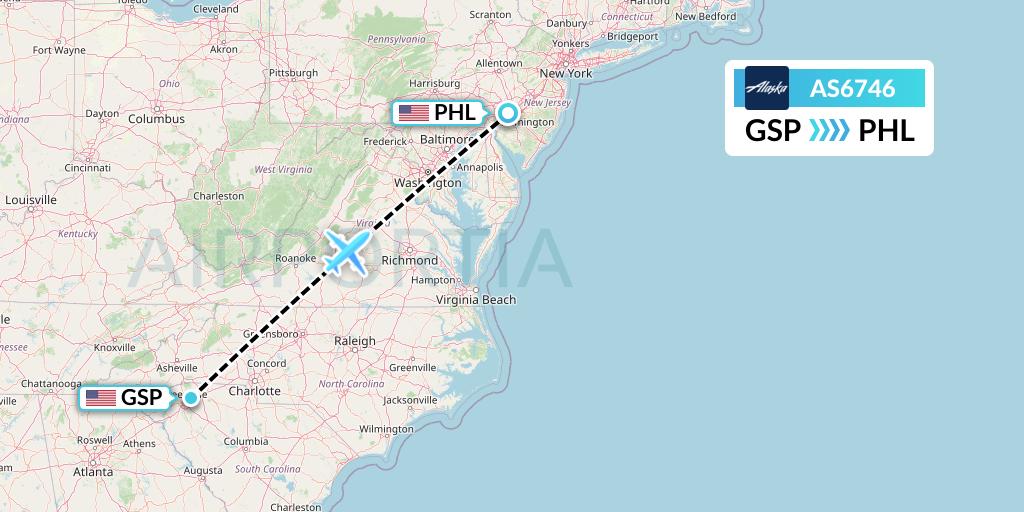 AS6746 Alaska Airlines Flight Map: Greenville-Spartanburg to Philadelphia