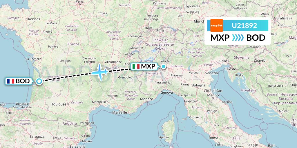 U21892 EasyJet Flight Map: Milan to Bordeaux
