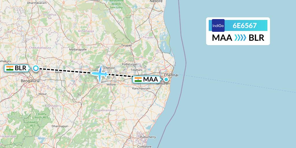 6E6567 IndiGo Airlines Flight Map: Chennai to Bangalore