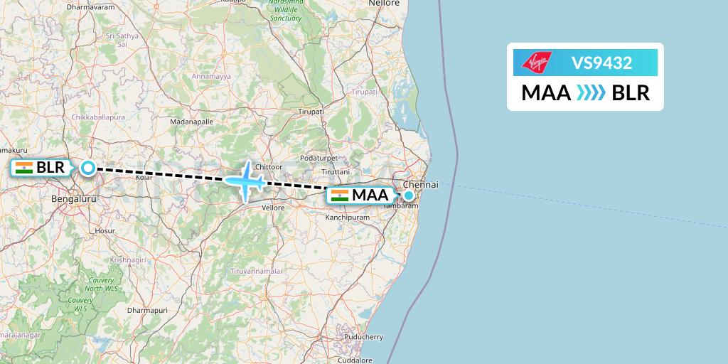 VS9432 Virgin Atlantic Airways Flight Map: Chennai to Bangalore