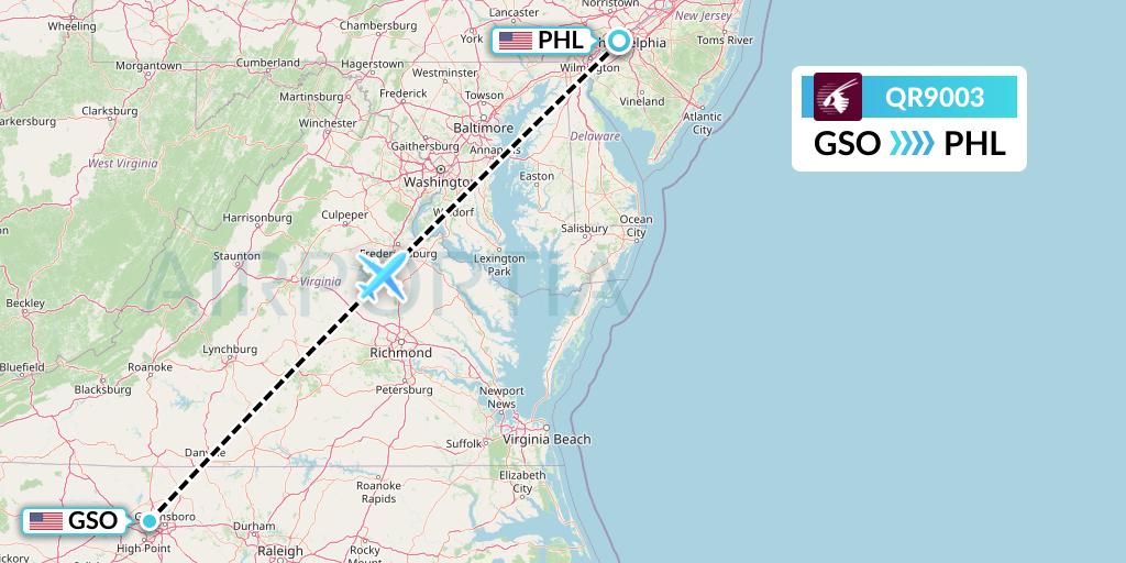 QR9003 Qatar Airways Flight Map: Greensboro to Philadelphia