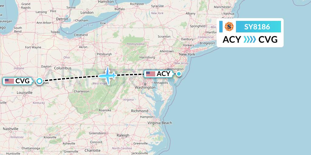 SY8186 Sun Country Airlines Flight Map: Atlantic City to Cincinnati