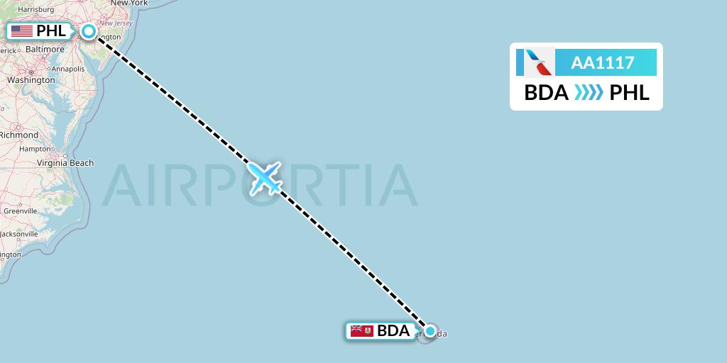 AA1117 American Airlines Flight Map: Bermuda to Philadelphia
