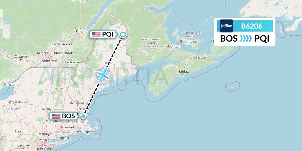 B6206 JetBlue Airways Flight Map: Boston to Presque Isle