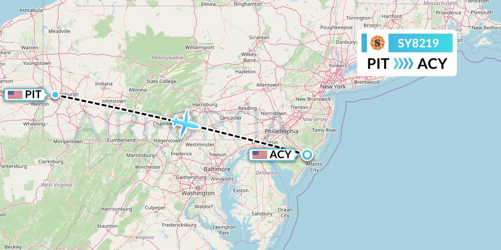SY8219 Sun Country Airlines Flight Map: Pittsburgh to Atlantic City