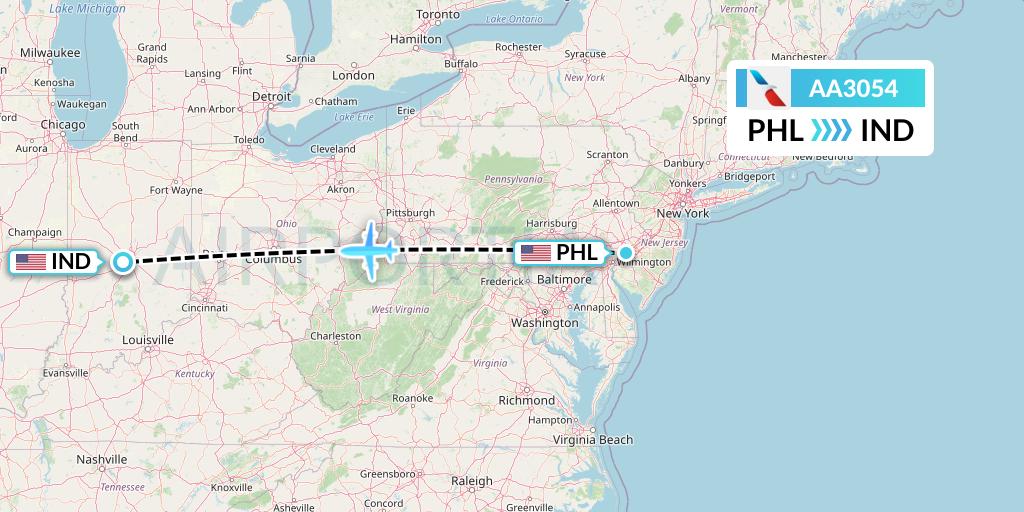 AA3054 American Airlines Flight Map: Philadelphia to Indianapolis