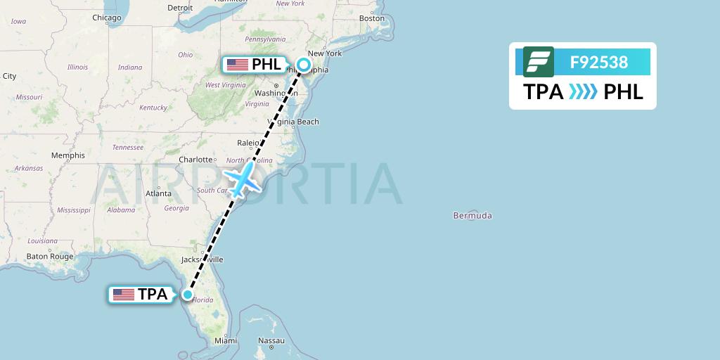 F92538 Frontier Airlines Flight Map: Tampa to Philadelphia