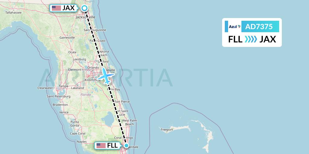 AD7375 Azul Brazilian Airlines Flight Map: Fort Lauderdale to Jacksonville