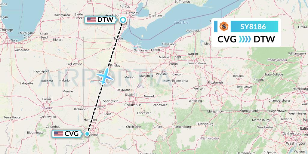 SY8186 Sun Country Airlines Flight Map: Cincinnati to Detroit