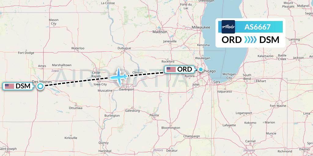 AS6667 Alaska Airlines Flight Map: Chicago to Des Moines