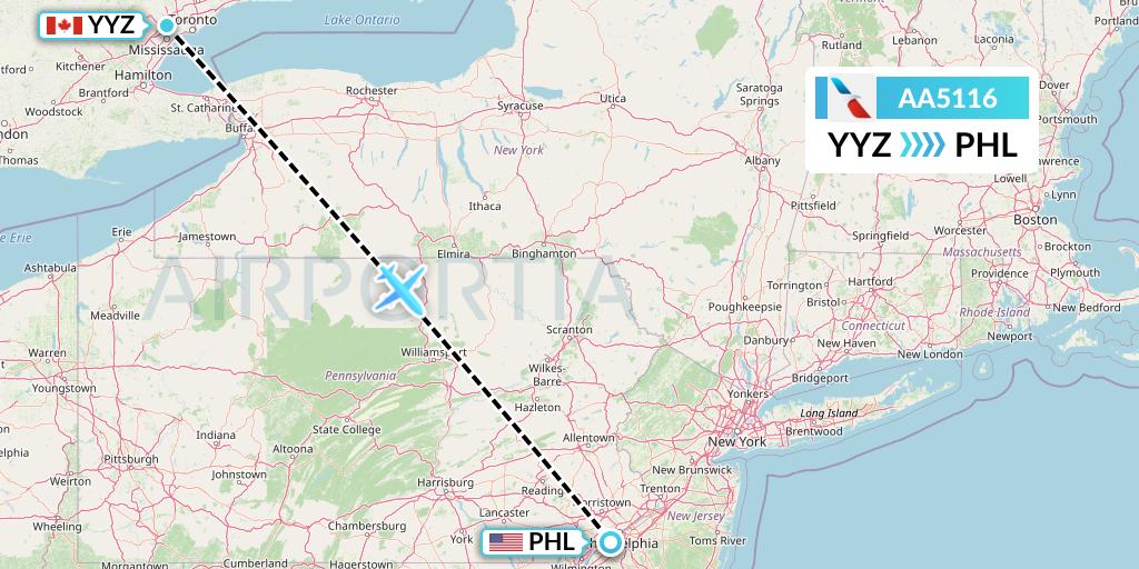 AA5116 American Airlines Flight Map: Toronto to Philadelphia
