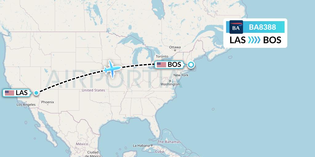 BA8388 British Airways Flight Map: Las Vegas to Boston