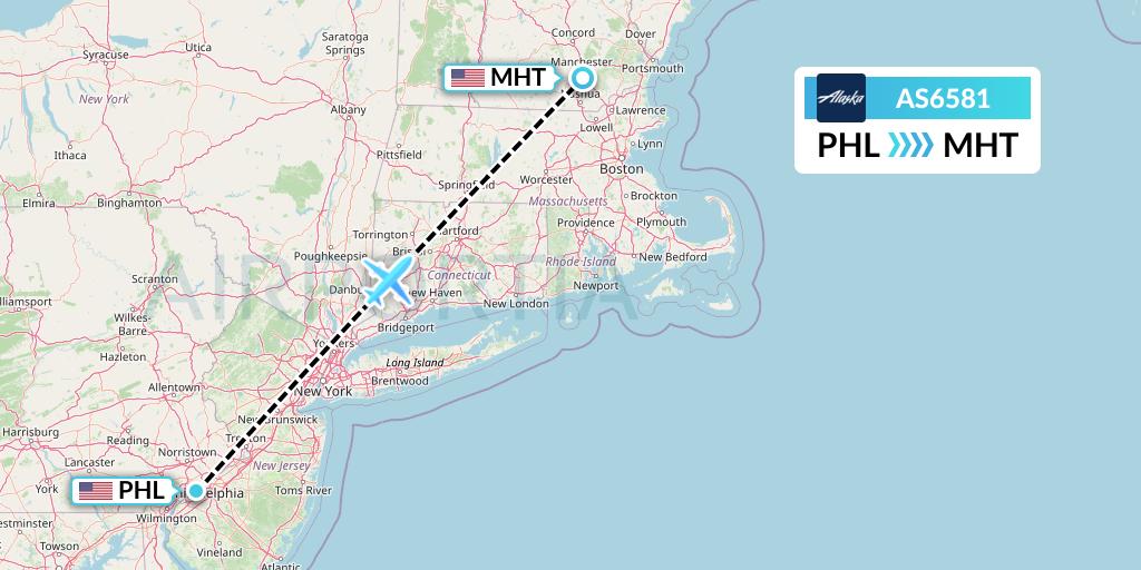 AS6581 Alaska Airlines Flight Map: Philadelphia to Manchester