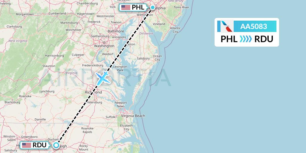 AA5083 American Airlines Flight Map: Philadelphia to Raleigh-Durham