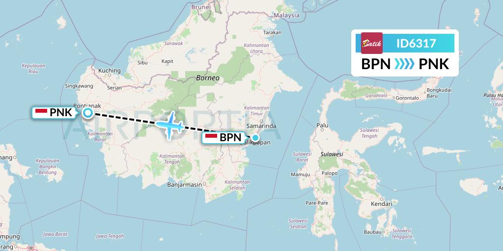 ID6317 Batik Air Flight Map: Balikpapan to Pontianak