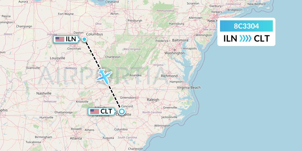 8C3304 Air Transport International Flight Map: Wilmington to Charlotte