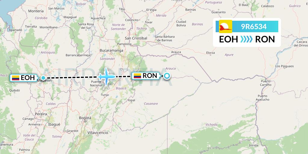 9R6534 Satena Flight Map: Medellin to Rondon
