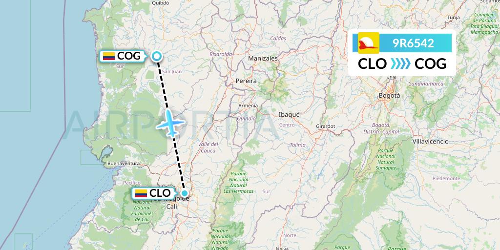 9R6542 Satena Flight Map: Cali to Condoto