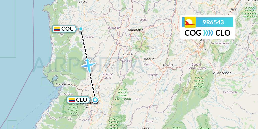 9R6543 Satena Flight Map: Condoto to Cali