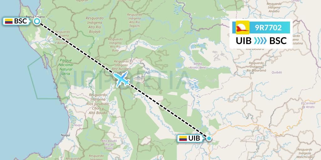 9R7702 Satena Flight Map: Quibdo to Bahia Solano