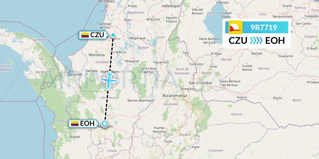 9R7719 Satena Flight Map: Corozal to Medellin