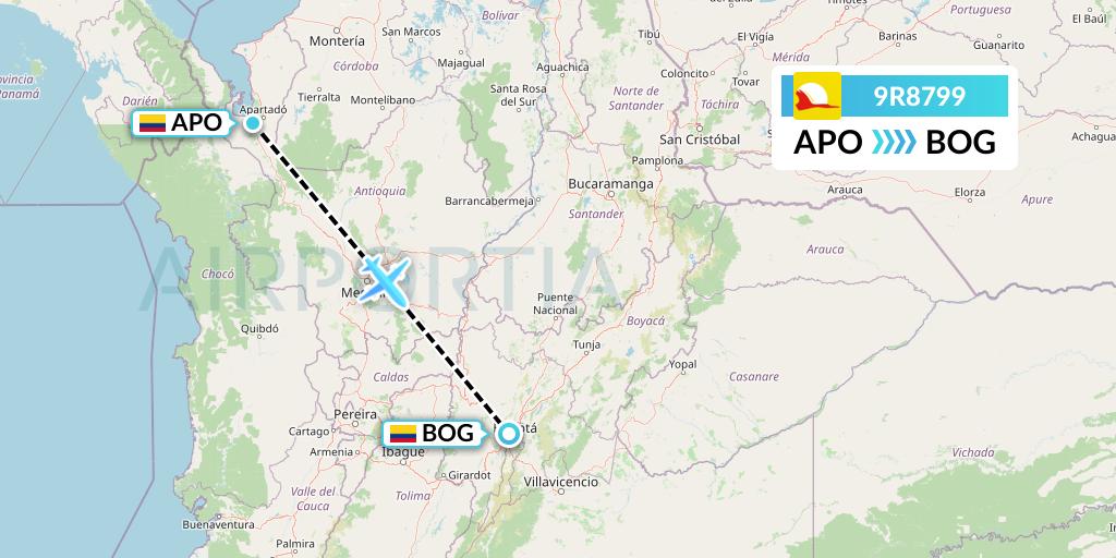 9R8799 Satena Flight Map: Apartado to Bogota