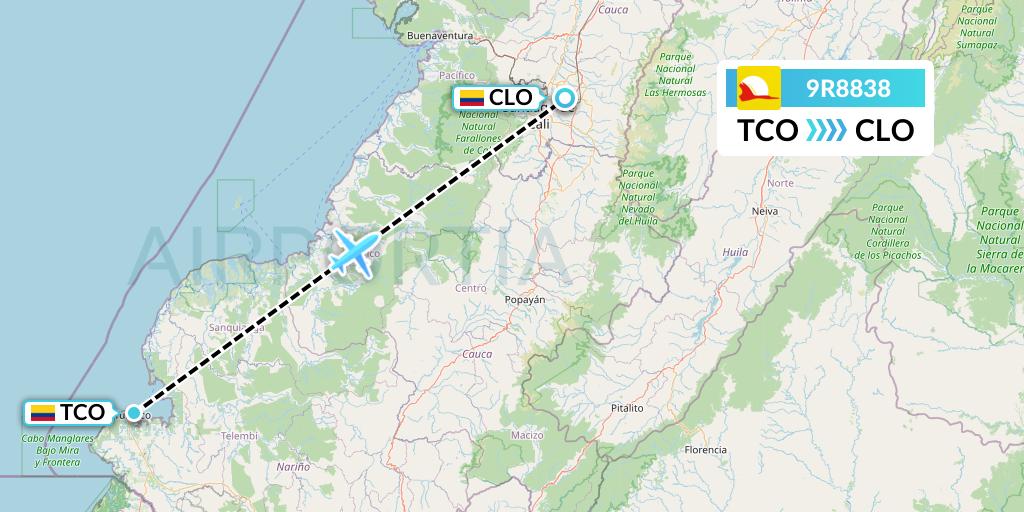 9R8838 Satena Flight Map: Tumaco to Cali