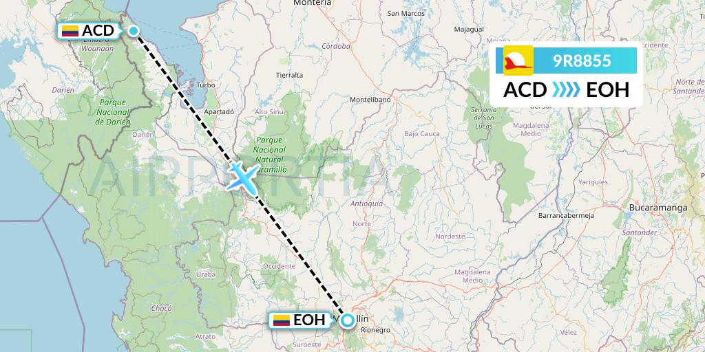 9R8855 Satena Flight Map: Acandi to Medellin