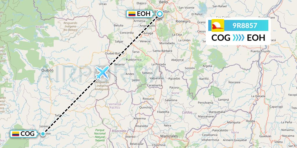9R8857 Satena Flight Map: Condoto to Medellin