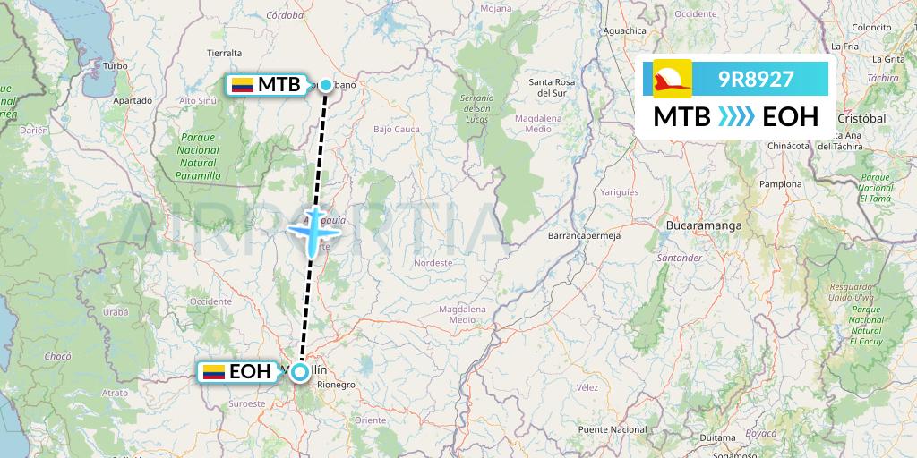 9R8927 Satena Flight Map: Montelibano to Medellin