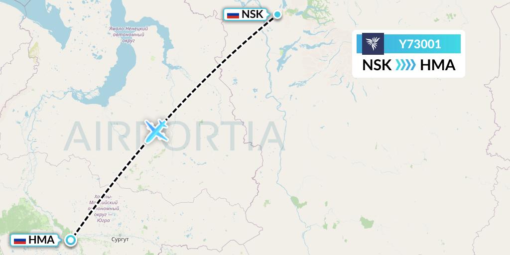 Y73001 NordStar Flight Map: Norilsk to Khanty-Mansiysk