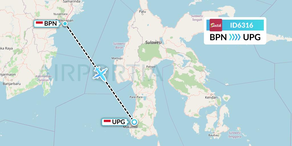 ID6316 Batik Air Flight Map: Balikpapan to Makassar