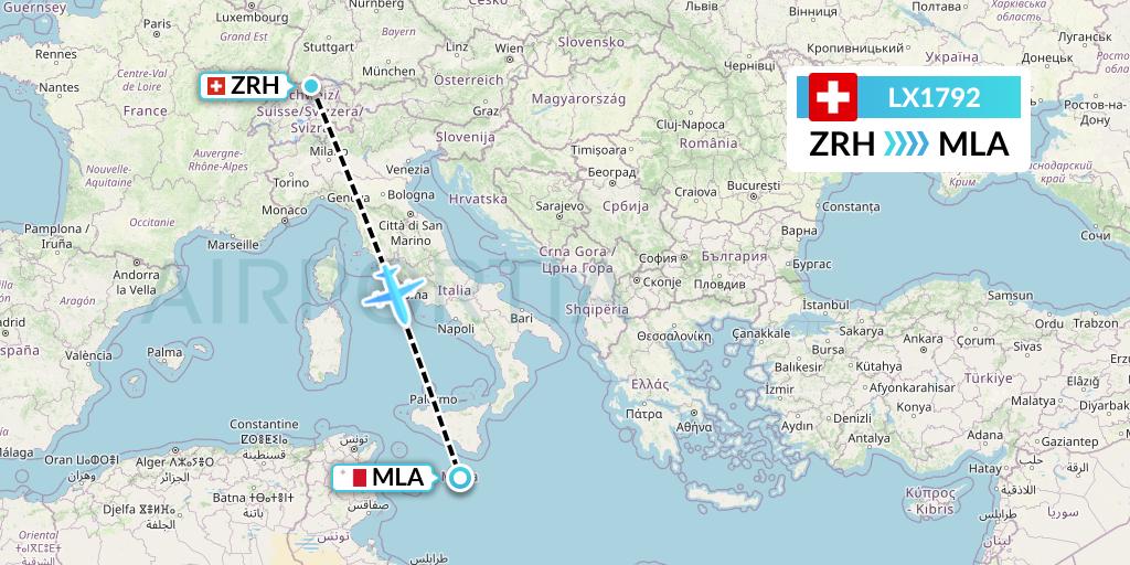LX1792 Swiss Flight Map: Zurich to Malta