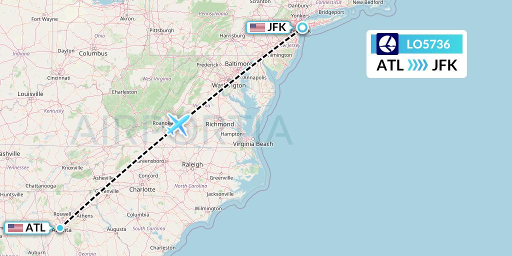LO5736 LOT Flight Map: Atlanta to New York