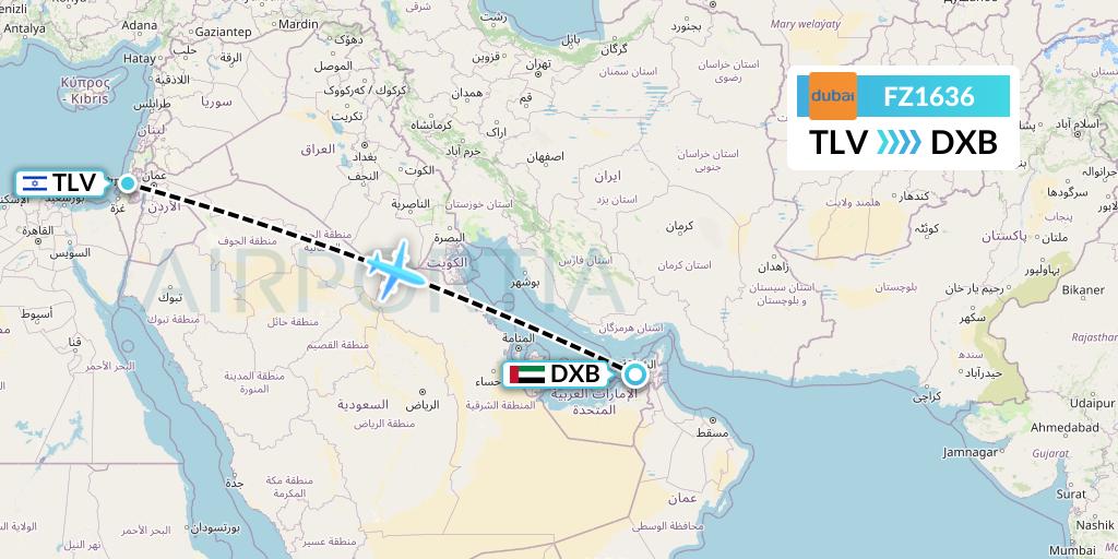 FZ1636 FlyDubai Flight Map: Tel Aviv to Dubai