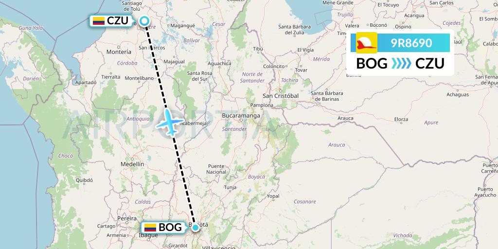 9R8690 Satena Flight Map: Bogota to Corozal